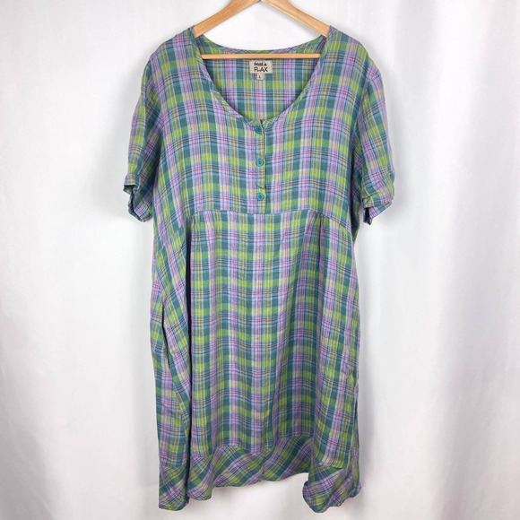 Flax Dresses & Skirts - FLAX by Jeanne Engelhart Linen Dress L Green Purple Plaid A Line Pockets